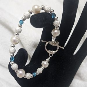 Genuine Freshwater Cultured Pearl Austrian Crystals, and Silver Bracelet